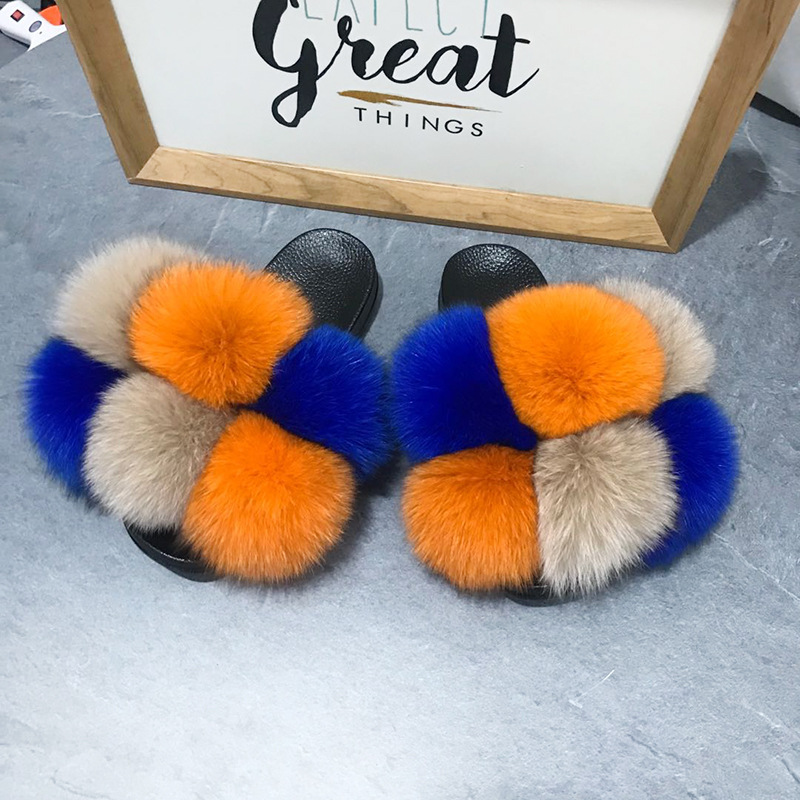 Color Matching Large Fur Real Natural Fox Fur Slides Colorful Fluffy Fur Slides Sandals Slippers Fashion Women Shoes-6