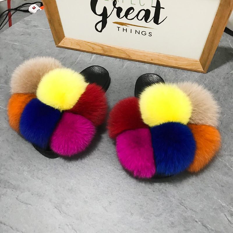 Color Matching Large Fur Real Natural Fox Fur Slides Colorful Fluffy Fur Slides Sandals Slippers Fashion Women Shoes-12