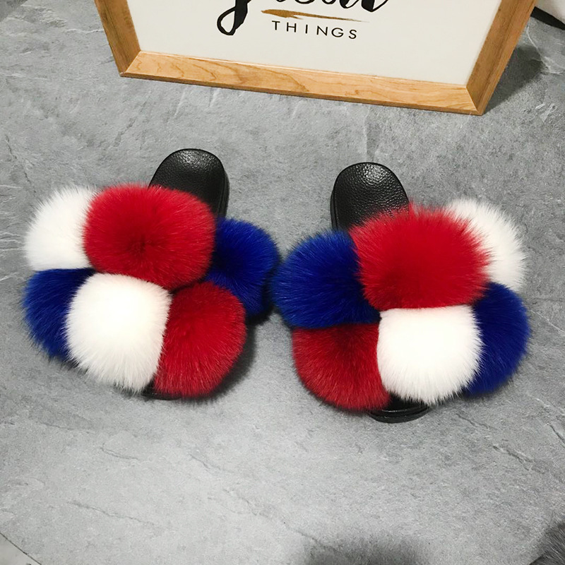 Color Matching Large Fur Real Natural Fox Fur Slides Colorful Fluffy Fur Slides Sandals Slippers Fashion Women Shoes-13
