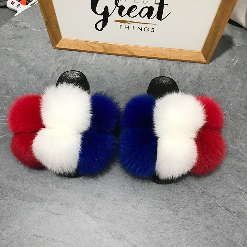 Color Matching Large Fur Real Natural Fox Fur Slides Colorful Fluffy Fur Slides Sandals Slippers Fashion Women Shoes-14