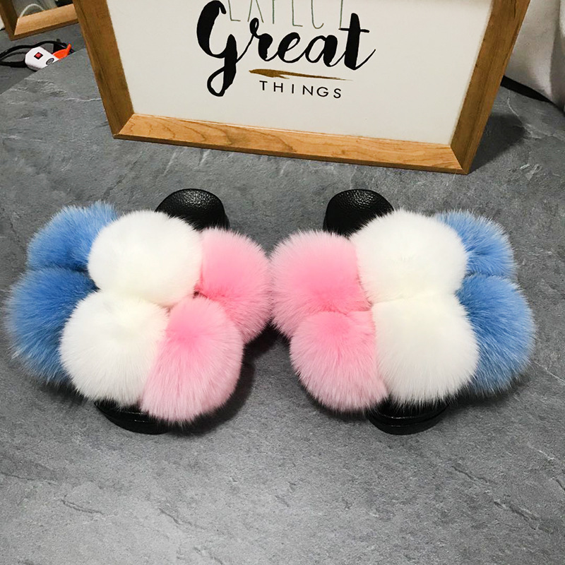 Color Matching Large Fur Real Natural Fox Fur Slides Colorful Fluffy Fur Slides Sandals Slippers Fashion Women Shoes-16