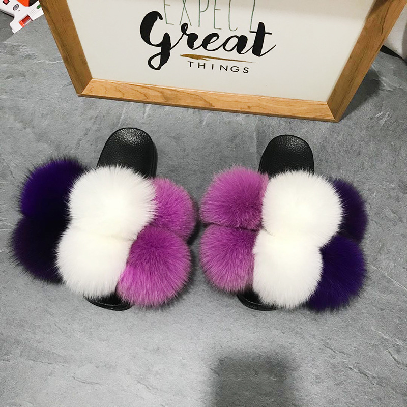 Color Matching Large Fur Real Natural Fox Fur Slides Colorful Fluffy Fur Slides Sandals Slippers Fashion Women Shoes-17