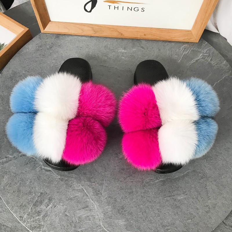 Color Matching Large Fur Real Natural Fox Fur Slides Colorful Fluffy Fur Slides Sandals Slippers Fashion Women Shoes-18