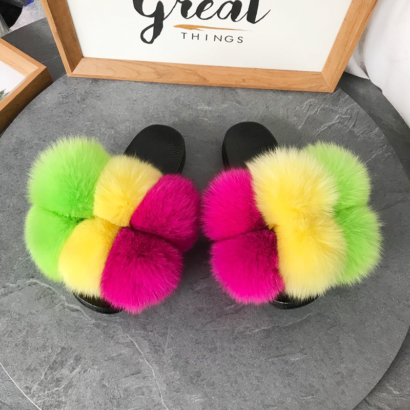 Color Matching Large Fur Real Natural Fox Fur Slides Colorful Fluffy Fur Slides Sandals Slippers Fashion Women Shoes-19