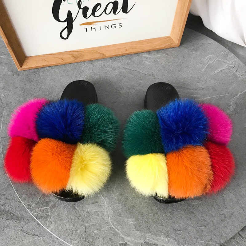 Color Matching Large Fur Real Natural Fox Fur Slides Colorful Fluffy Fur Slides Sandals Slippers Fashion Women Shoes 21