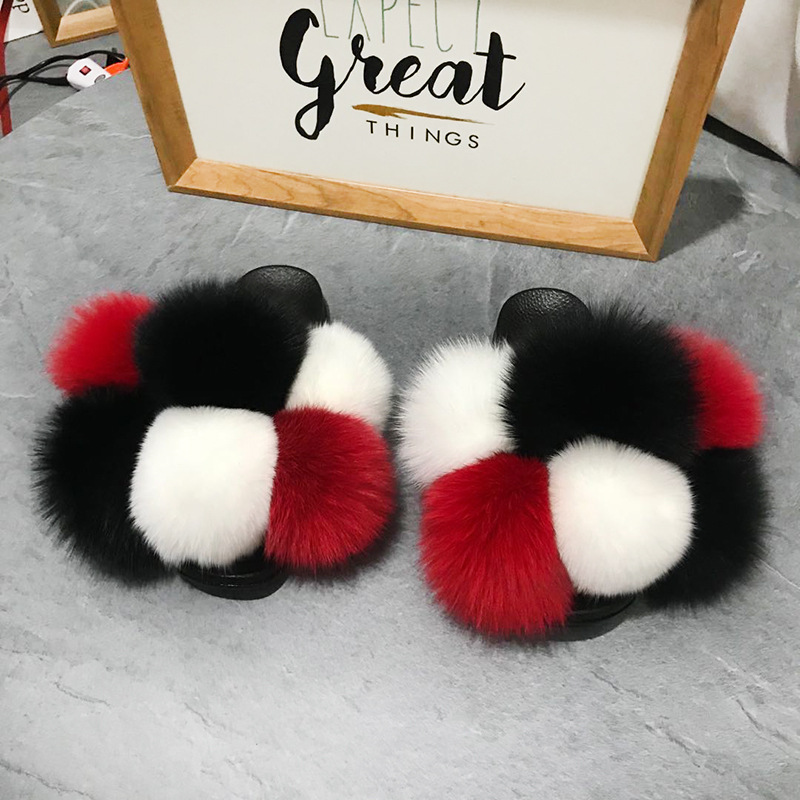 Color Matching Large Fur Real Natural Fox Fur Slides Colorful Fluffy Fur Slides Sandals Slippers Fashion Women Shoes-22