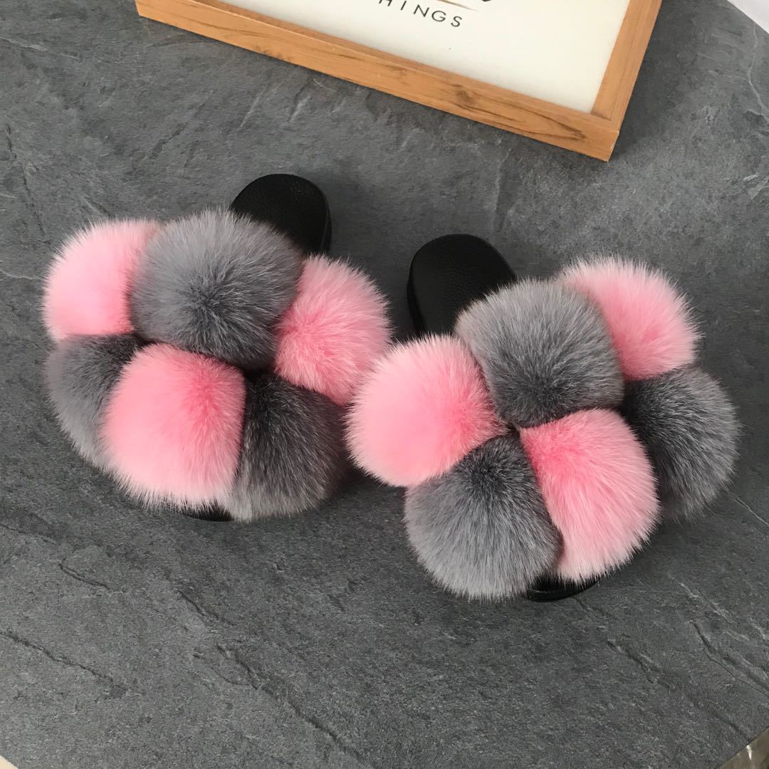 Color Matching Large Fur Real Natural Fox Fur Slides Colorful Fluffy Fur Slides Sandals Slippers Fashion Women Shoes-23