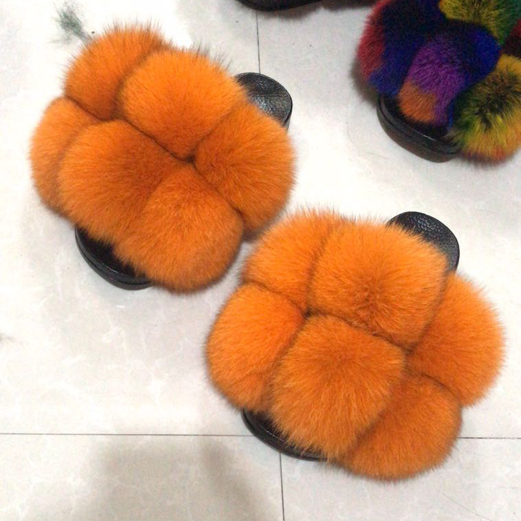 Color Matching Large Fur Real Natural Fox Fur Slides Colorful Fluffy Fur Slides Sandals Slippers Fashion Women Shoes-24