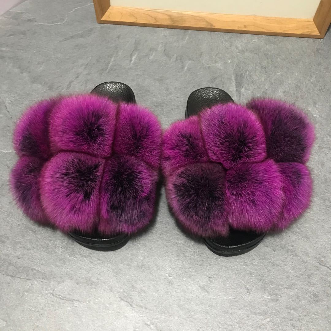 Color Matching Large Fur Real Natural Fox Fur Slides Colorful Fluffy Fur Slides Sandals Slippers Fashion Women Shoes-25