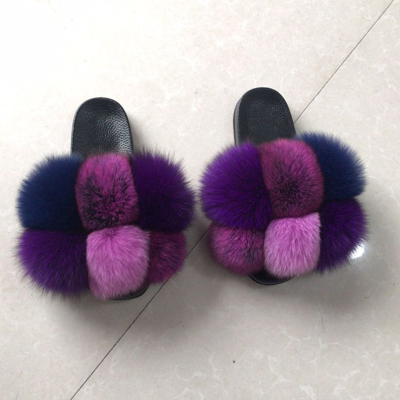 Color Matching Large Fur Real Natural Fox Fur Slides Colorful Fluffy Fur Slides Sandals Slippers Fashion Women Shoes-27
