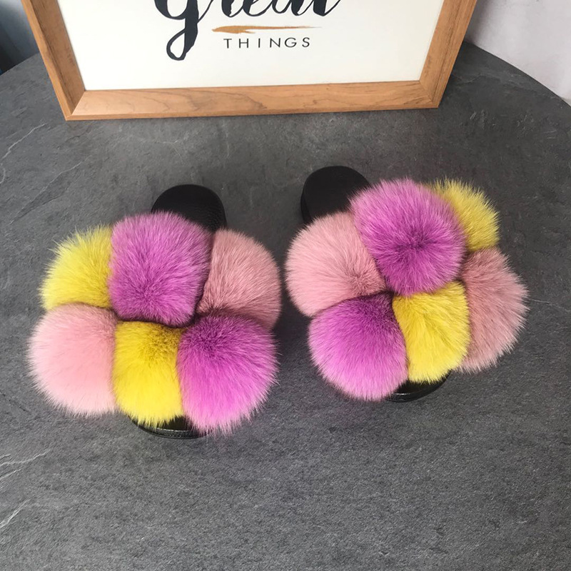 Color Matching Large Fur Real Natural Fox Fur Slides Colorful Fluffy Fur Slides Sandals Slippers Fashion Women Shoes-28