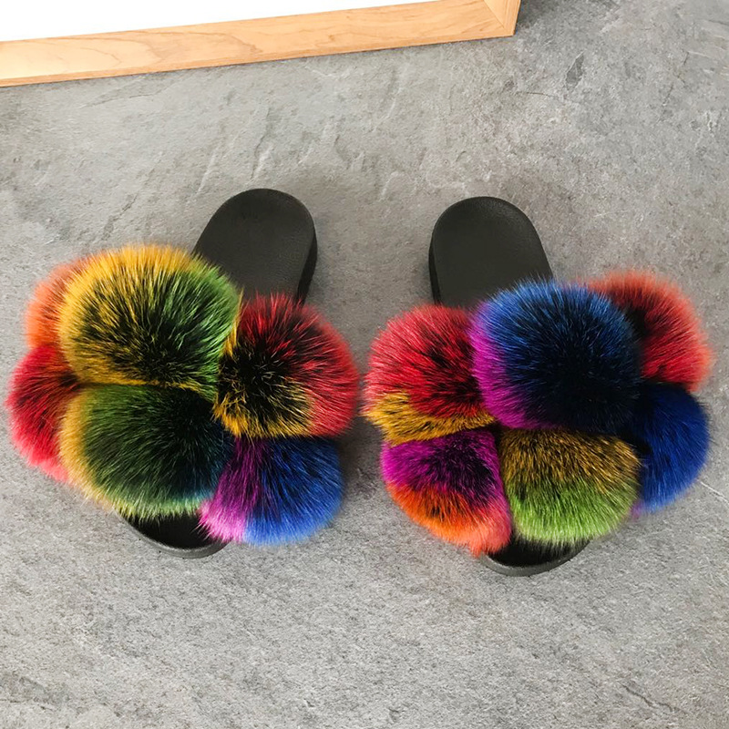 Color Matching Large Fur Real Natural Fox Fur Slides Colorful Fluffy Fur Slides Sandals Slippers Fashion Women Shoes-30