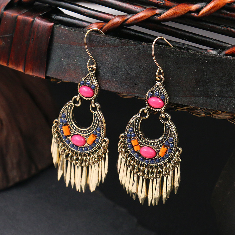 Alloy Earrings Crescent Shaped Rice Beads Acrylic Famous Ethnic Group Wind Flow Su Earrings-3