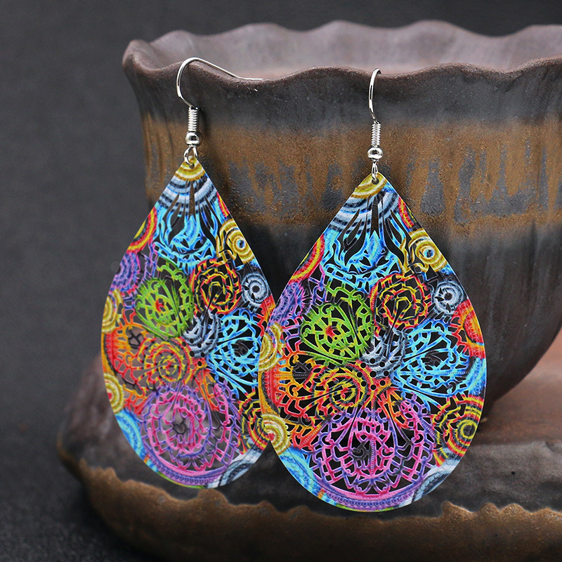 Color Fashion Water Drop Leaf Round Feather Earrings-2