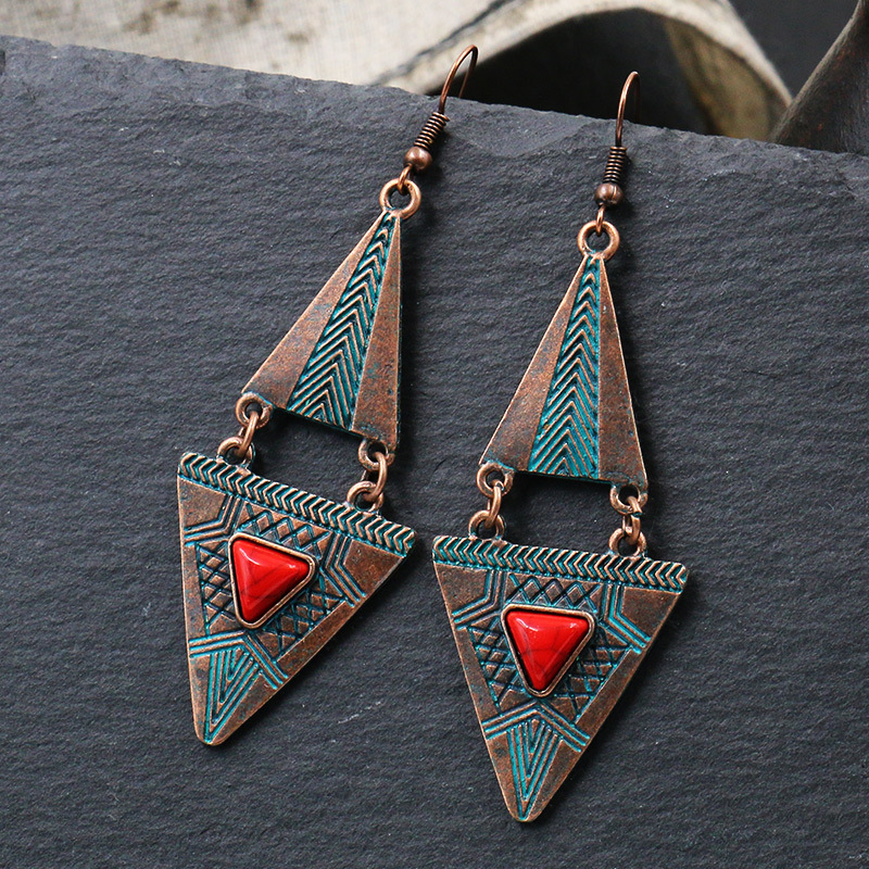 Bohemian Retro Earrings Personalized Geometry Double Triangle Turquoise Alloy Pendant Earrings-1