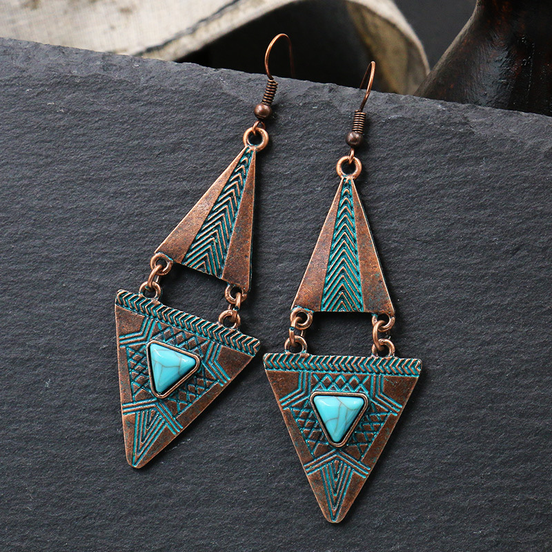 Bohemian Retro Earrings Personalized Geometry Double Triangle Turquoise Alloy Pendant Earrings-2