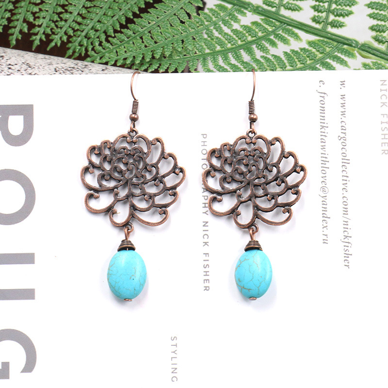 Alloy Earrings Female Hollow Flower Lotus Earrings Natural Turquoise Accessories