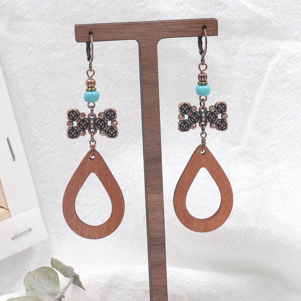 Drop Shaped Pendant Wood Earrings With Turquoise Bow Earclip
