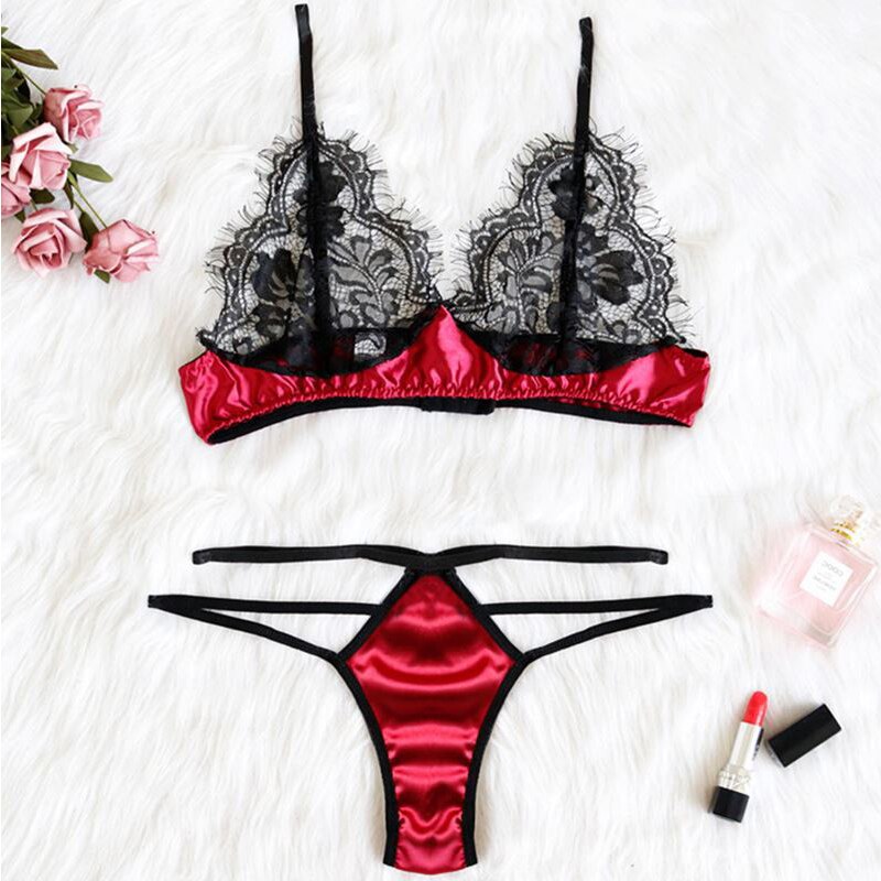 Sexy Lingerie Floral Lace Bralette Bra Brief Sets Crop Top Thong Transparent Mesh Triangle Bustier Soft See Through Underwear
