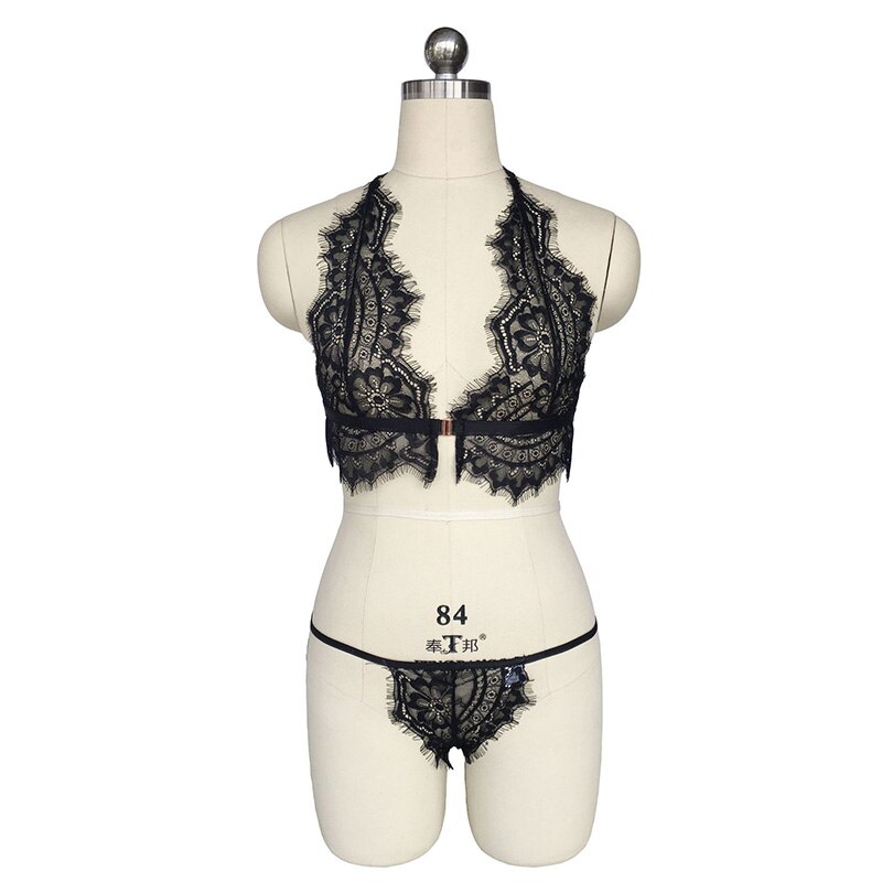 Buy Letter Printed Hollow Out See Through Push Up Panty Bra Set - Black, Fashion