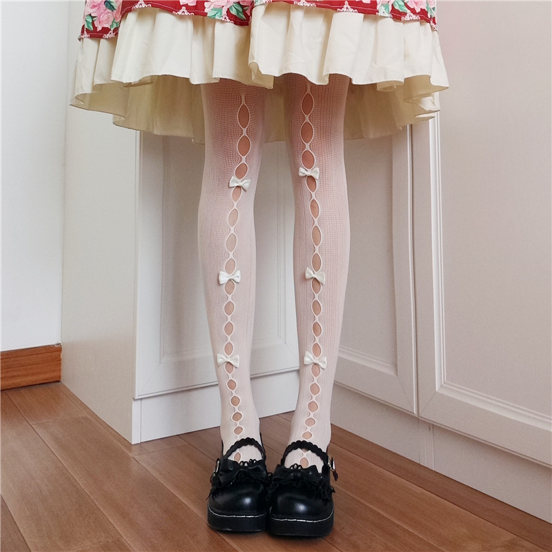 Japanese Summer Bow Lolita Pantyhose Children's White Hollow Out Retro College Style Jk Pantyhose-2