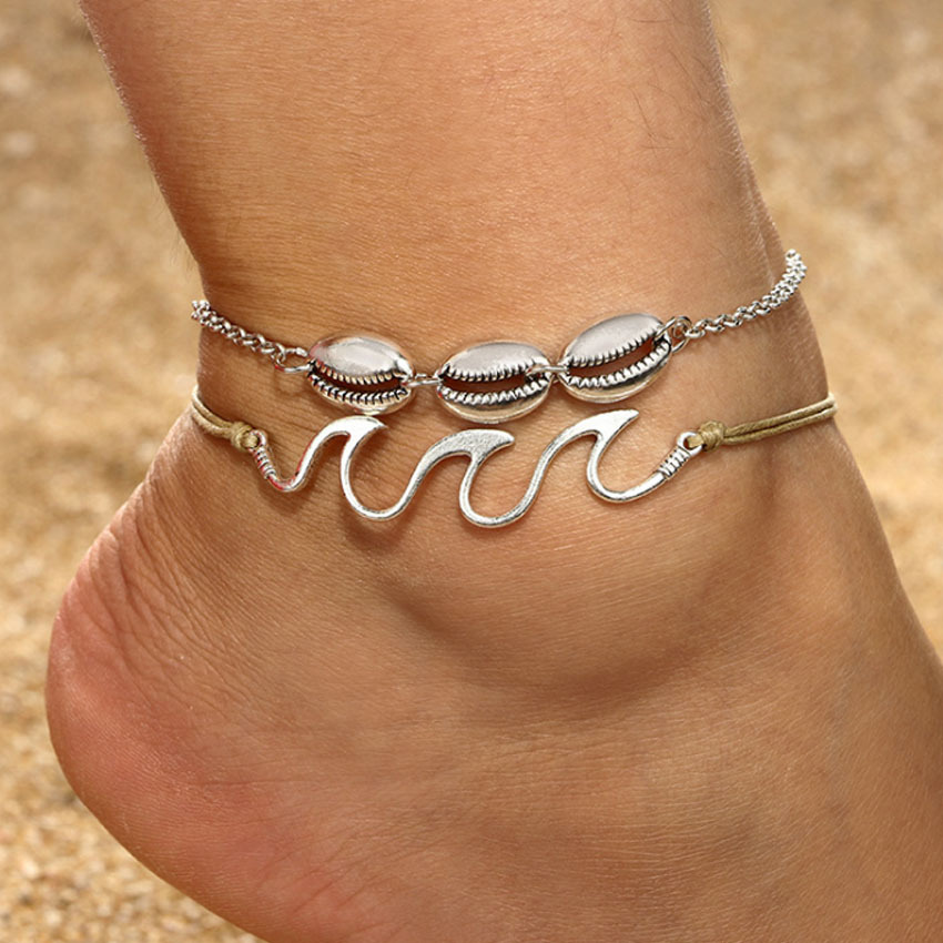 Retro Fashion Beach Alloy Fishhook Shell Anklet 2 Sets Of Foot Ornaments