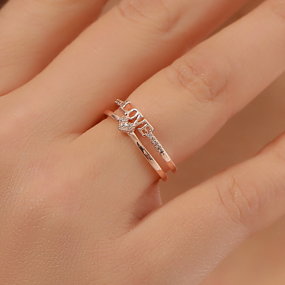 Double Layer Love Inlaid Diamond Love Opening Ring Fashion Simple Geometric Letter Ring-1
