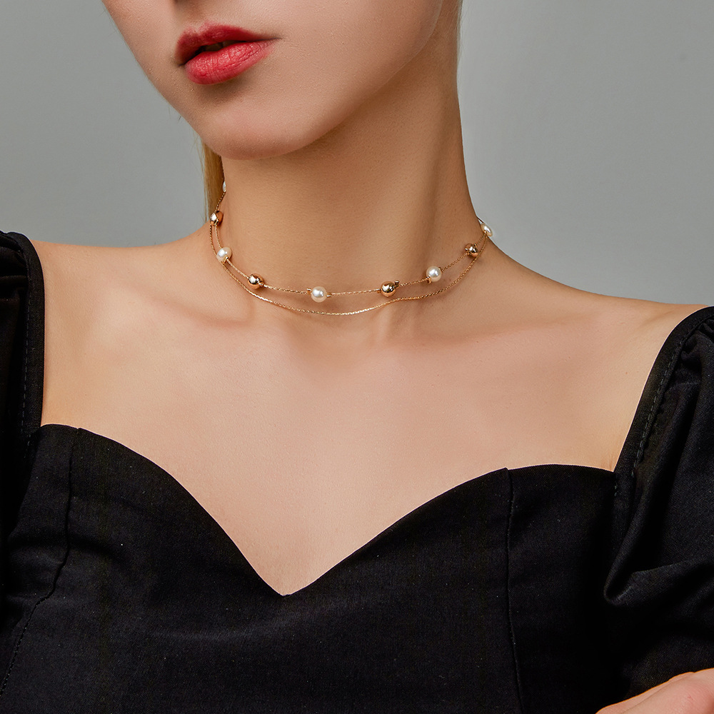 Gold Bead White Bead Double Clavicle Chain Temperament Choker Short Round Bead Necklace For Women