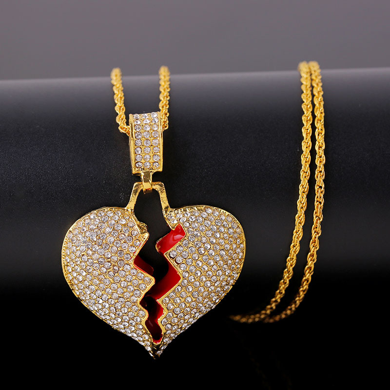 Cracked Love Necklace Women's Hip Hop Fashion Diamond Studded Broken Heart Pendant-1