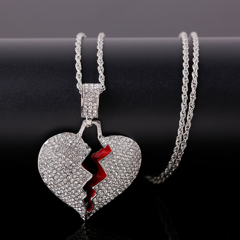 Cracked Love Necklace Women's Hip Hop Fashion Diamond Studded Broken Heart Pendant-2