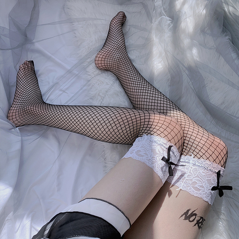 Black Bow And Blank Lace Over Knee Stockings