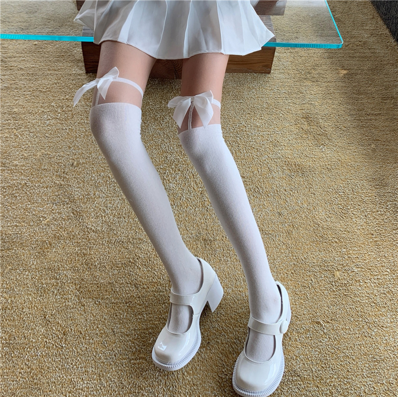 Bow Sexy Transparent High Long Tube Knee Hook Proof Stockings-white