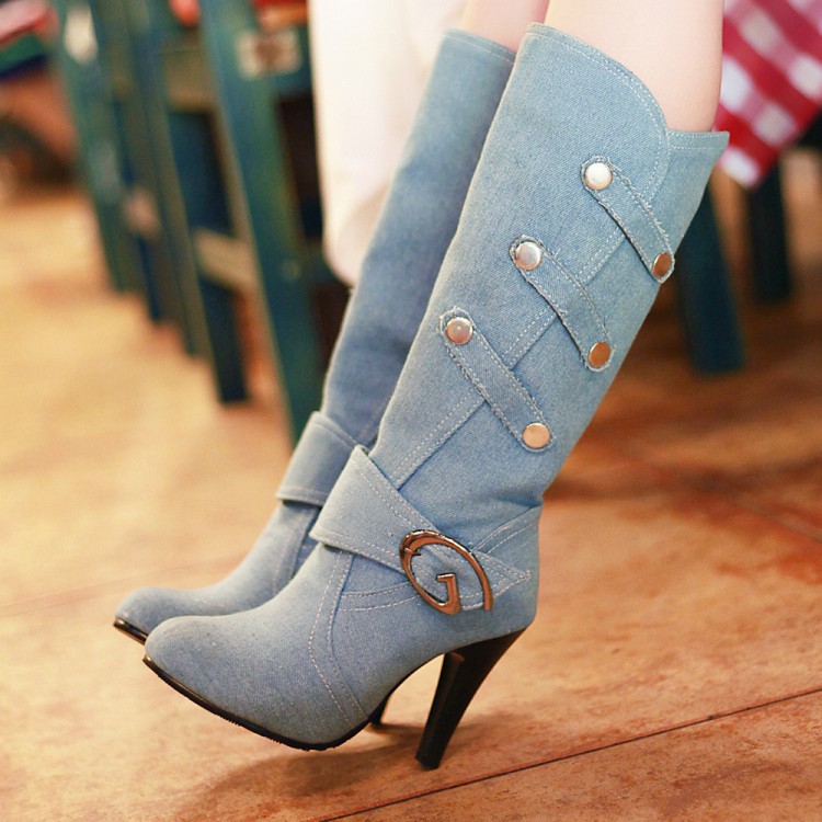 Denim High Heel Belt Buckle High Boots Knight Boots-light Blue