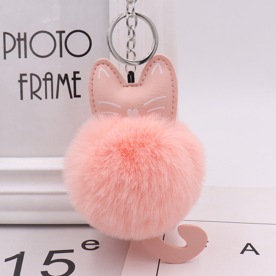 Cute Color Kitty Plush Key Ring Imitation Fur Pu Leather Kitty Doll Bag Pendant Car Pendant-1