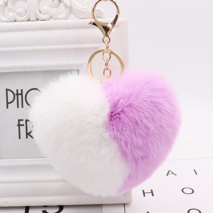 Color Matching Love Bag Pendant Peach Heart Key Ring Imitation Rex Rabbit Heart Hair Ball Pendant Fur Car Key Ring-2