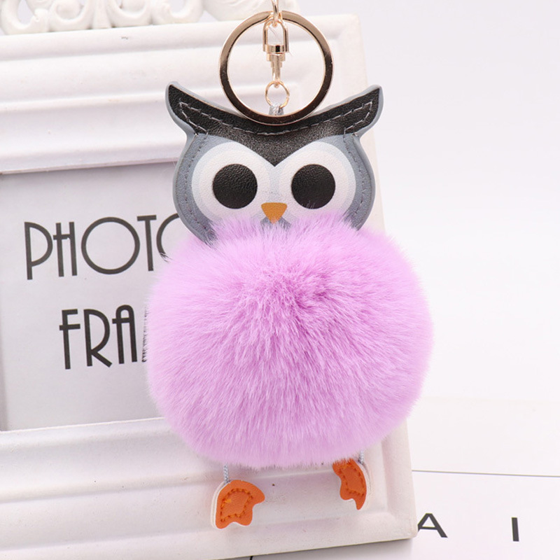 Cute owl hairball Keychain PU leather cartoon Plush Doll pendant bag car Pendant Gift-3
