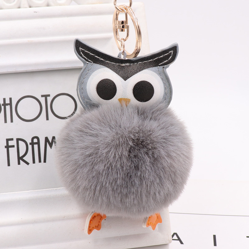 Cute Owl Hairball Keychain Pu Leather Cartoon Plush Doll Pendant Bag Car Pendant Gift-4