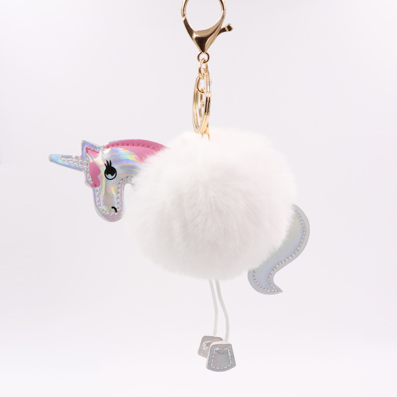 Unicorn Key Ring Imitation Rex Rabbit Hair Ball Pendant Pu Leather Cartoon Pony Plush Bag Key Ring-1