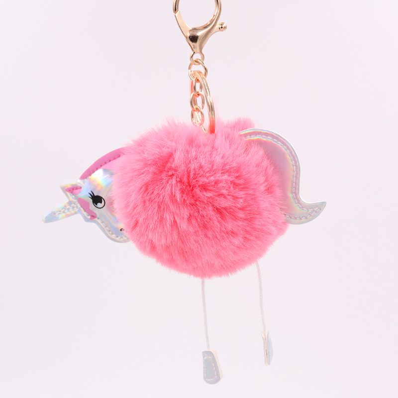 Unicorn Key Ring Imitation Rex Rabbit Hair Ball Pendant Pu Leather Cartoon Pony Plush Bag Key Ring-2