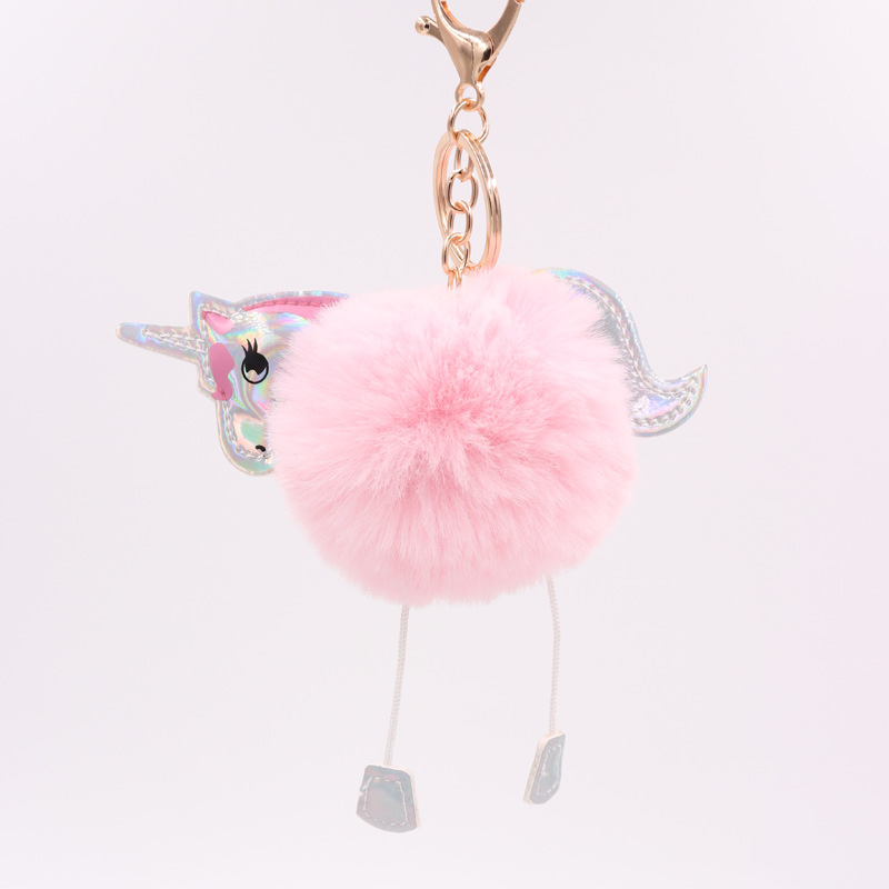 Unicorn Key Ring Imitation Rex Rabbit Hair Ball Pendant Pu Leather Cartoon Pony Plush Bag Key Ring-3