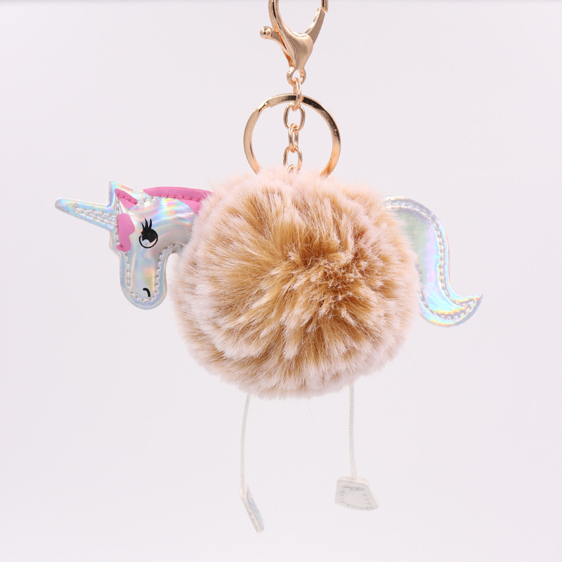 Unicorn Key Ring Imitation Rex Rabbit Hair Ball Pendant Pu Leather Cartoon Pony Plush Bag Key Ring-4