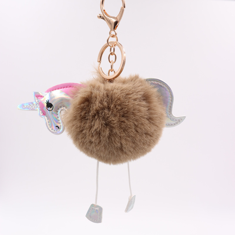 Unicorn Key Ring Imitation Rex Rabbit Hair Ball Pendant Pu Leather Cartoon Pony Plush Bag Key Ring-5