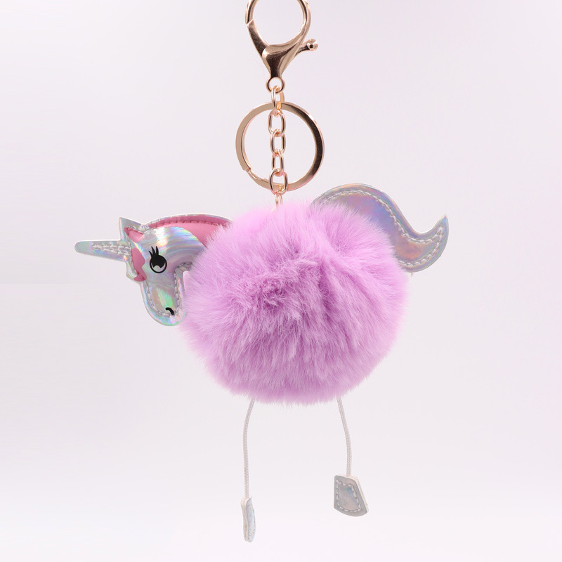 Unicorn Key Ring Imitation Rex Rabbit Hair Ball Pendant Pu Leather Cartoon Pony Plush Bag Key Ring-8