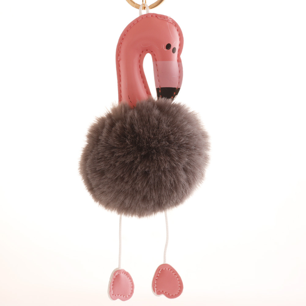 Pu Leather Flamingo Hair Ball Key Chain Plush Schoolbag Key Chain Pendant Small Gift-3