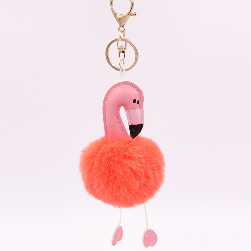 Pu Leather Flamingo Hair Ball Key Chain Plush Schoolbag Key Chain Pendant Small Gift-10