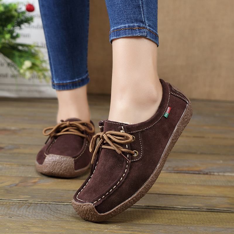 Autumn And Winter Soft Sole Lace Up Comportable Casual Flats-coffee