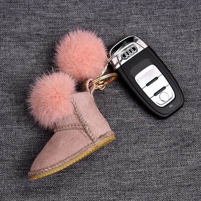 Mink Fur Snow Boots Simple Metal Key Ring Plush Bag Pendant-5
