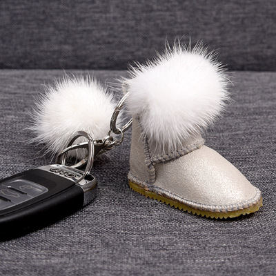 Mink Fur Snow Boots Simple Metal Key Ring Plush Bag Pendant-6