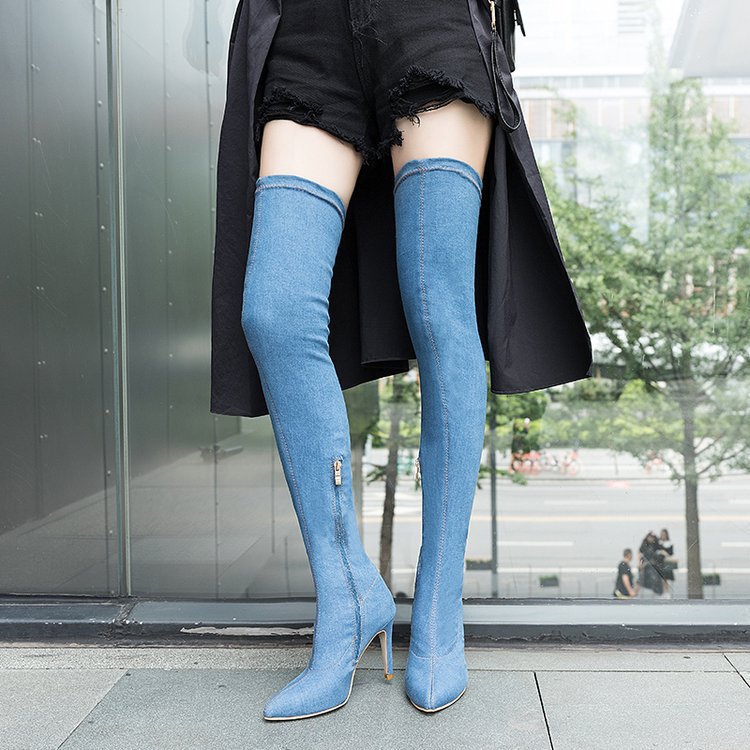 Thin Heel High Heel Side Zipper Denim Knee Length Elastic Boots-2