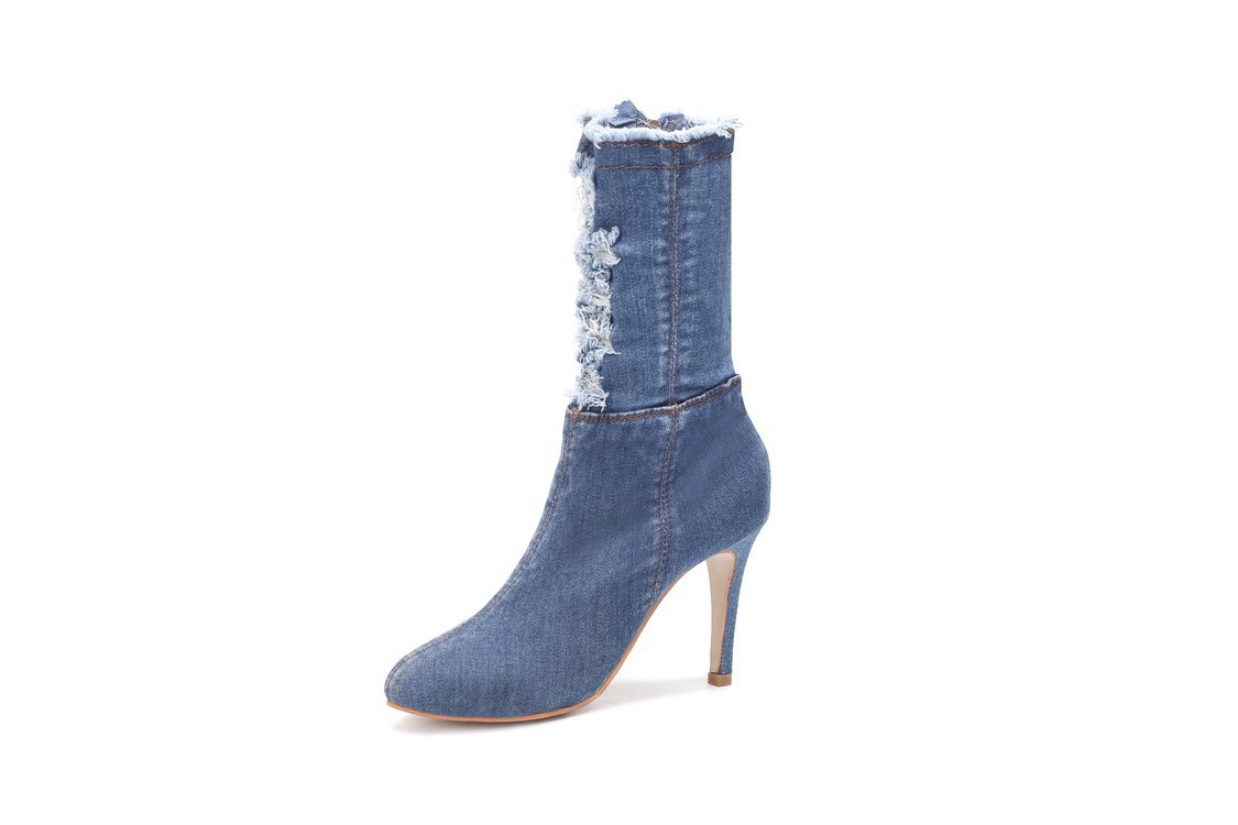 Denim Thin Heel Pointed Elastic Short Boots-blue